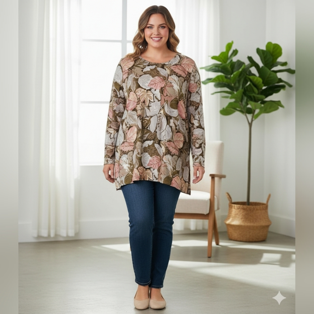 Fitting Image Women's Brown Floral Long Sleeve Top Size 1X